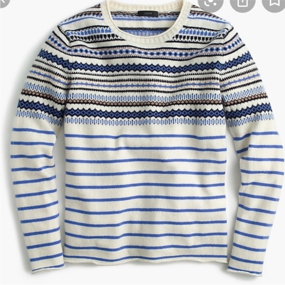 J. Crew | Blue and Black Fair Isle Striped Crewneck Sweater | M